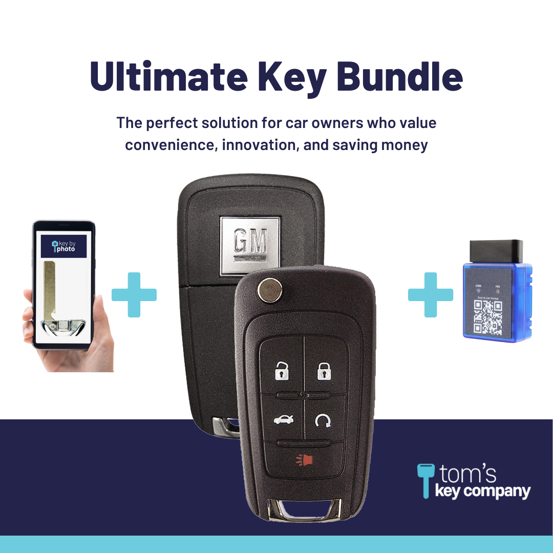 Ultimate Smart Key Bundle with Programming Tool, Refurbished 5-Button Smart Key Fob and Key By Photo for Select Buick Vehicles (BUISK-5B-RSTR-915-REF-K-UKB)