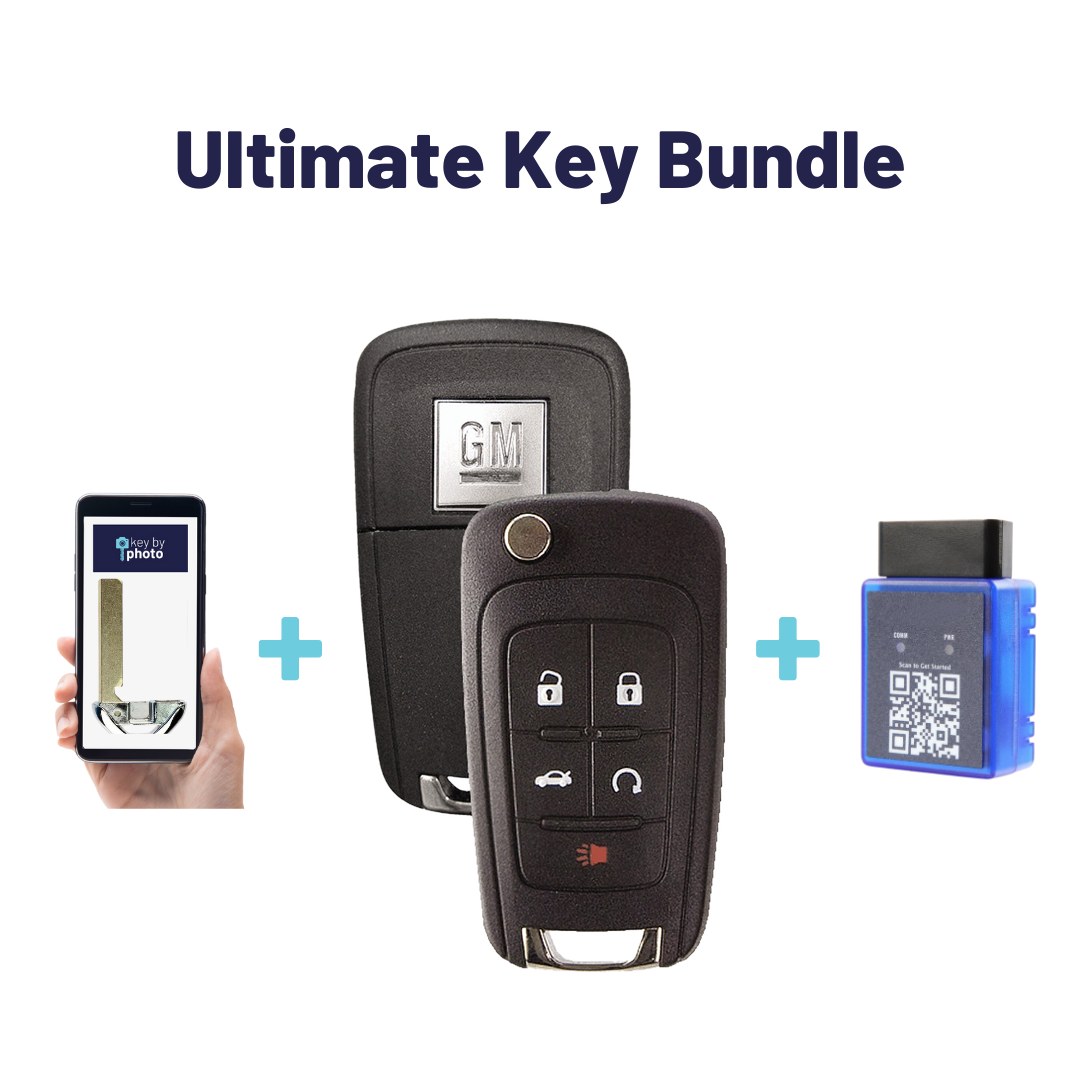 Ultimate Smart Key Bundle with Programming Tool, Refurbished 5-Button Smart Key Fob and Key By Photo for Select Buick Vehicles (BUISK-5B-RSTR-915-REF-K-UKB)