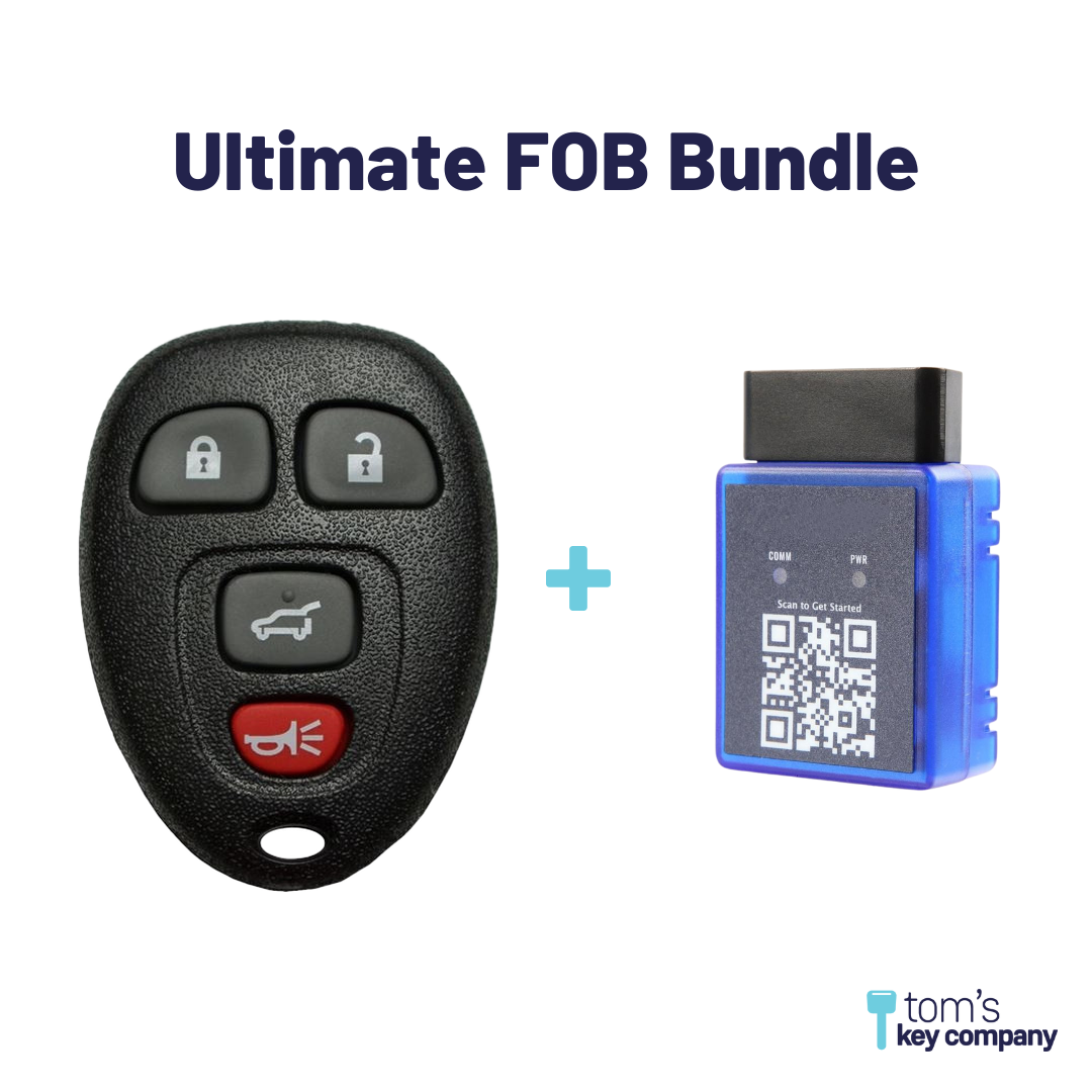 Ultimate Remote FOB Bundle with Programming Tool and Aftermarket 4 Button Remote FOB for Select Cadillac Vehicles (CADFOB-4B-HR-635-RC-K-UKB)