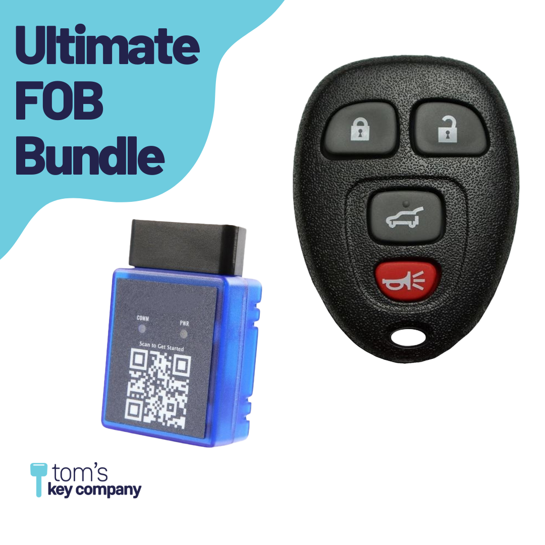 Ultimate Remote FOB Bundle with Programming Tool and Aftermarket 4 Button Remote FOB for Select Cadillac Vehicles (CADFOB-4B-HR-635-RC-K-UKB)