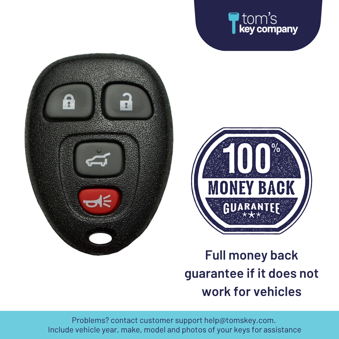 Brand New Aftermarket 4-Button Remote Fob with Lock, Unlock, Hatch, Panic for Select Cadillac Vehicles (CADFOB-4B-HR-635-RC-K)