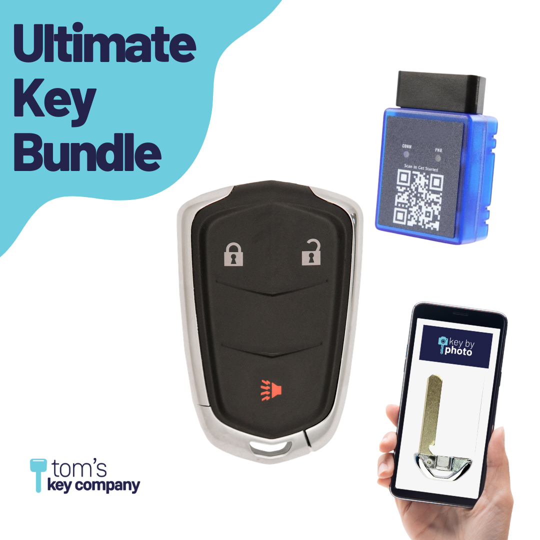 Ultimate Smart Key Bundle with Programming Tool, Refurbished 3-Button Smart Key Fob and Key By Photo for Select Cadillac Vehicles (CADSK-3B-175-K-UKB)