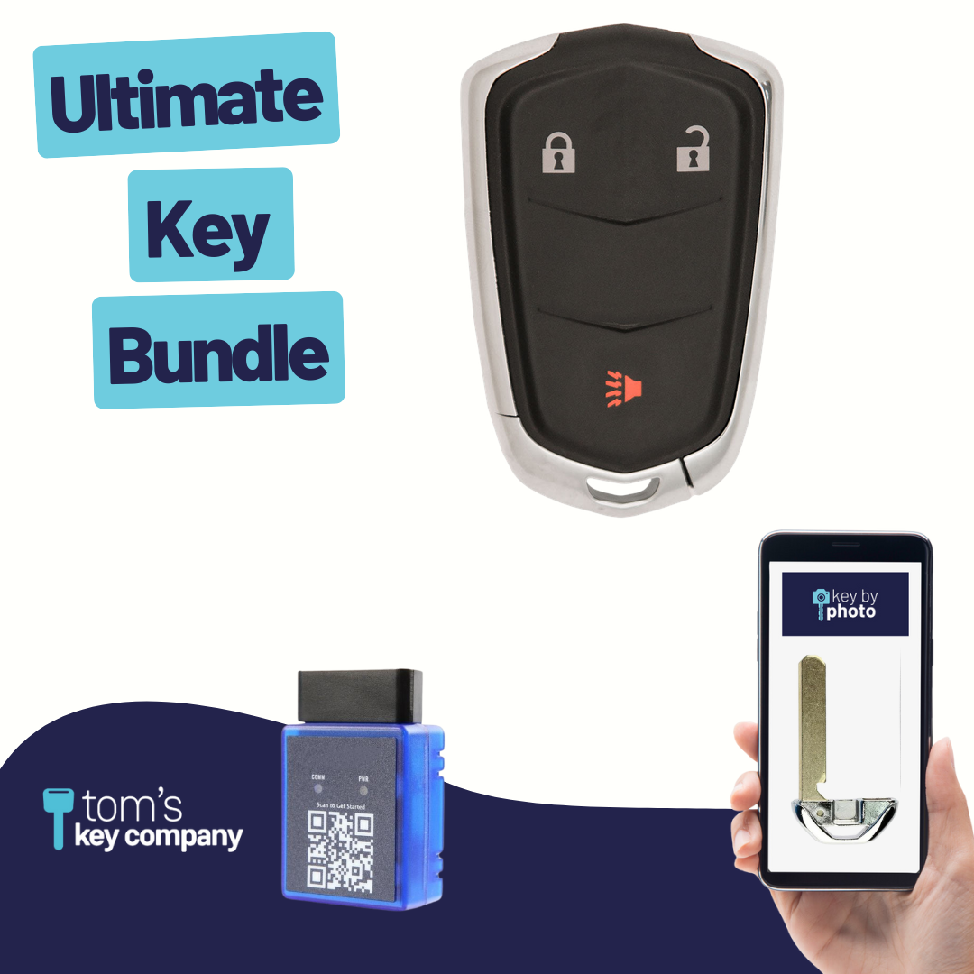 Ultimate Smart Key Bundle with Programming Tool, Refurbished 3-Button Smart Key Fob and Key By Photo for Select Cadillac Vehicles (CADSK-3B-175-K-UKB)