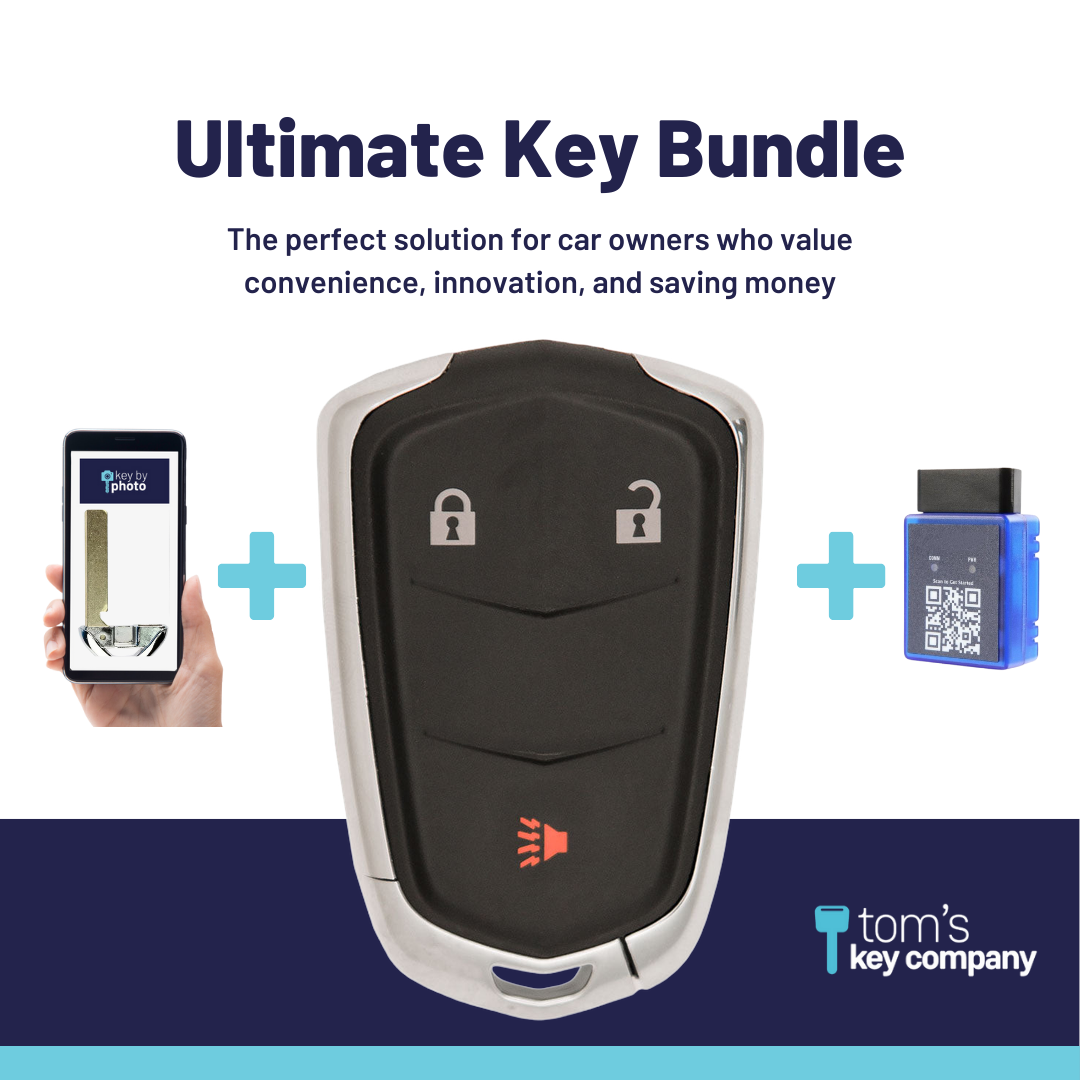 Ultimate Smart Key Bundle with Programming Tool, Refurbished 3-Button Smart Key Fob and Key By Photo for Select Cadillac Vehicles (CADSK-3B-175-K-UKB)
