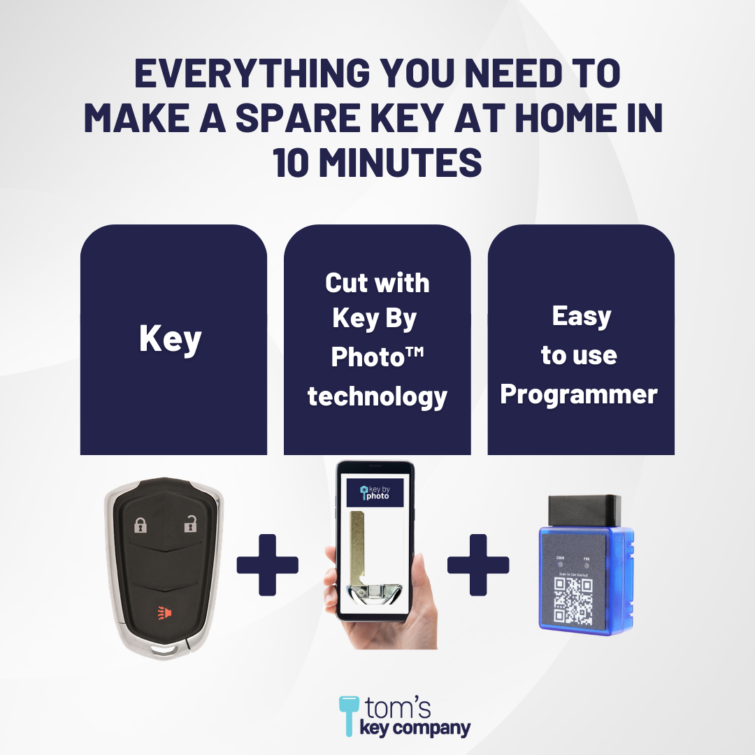 Ultimate Smart Key Bundle with Programming Tool, Refurbished 3-Button Smart Key Fob and Key By Photo for Select Cadillac Vehicles (CADSK-3B-175-K-UKB)