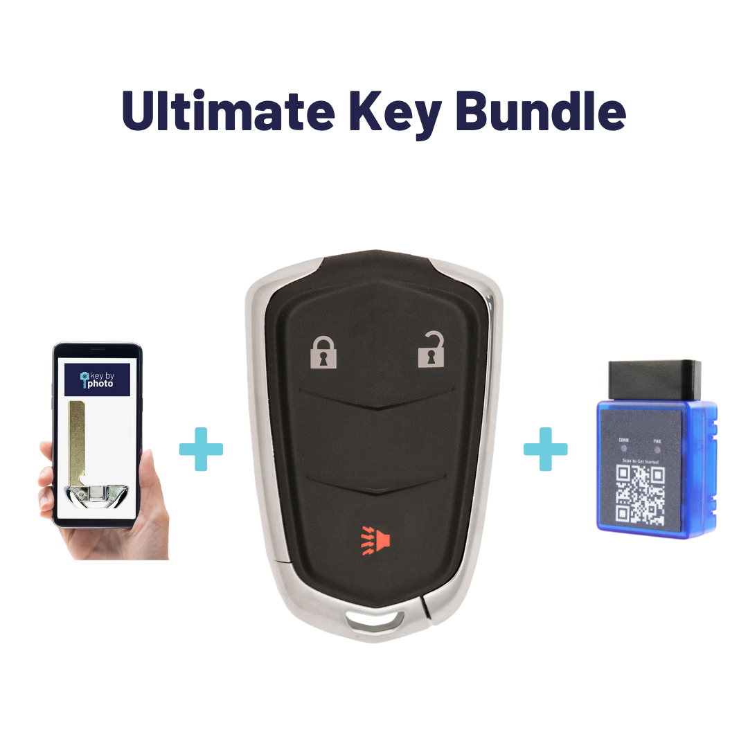 Ultimate Smart Key Bundle with Programming Tool, Aftermarket 3-Button Smart Key Fob and Key By Photo for Select Cadillac Vehicles (CADSK-3B-175-K-UKB)