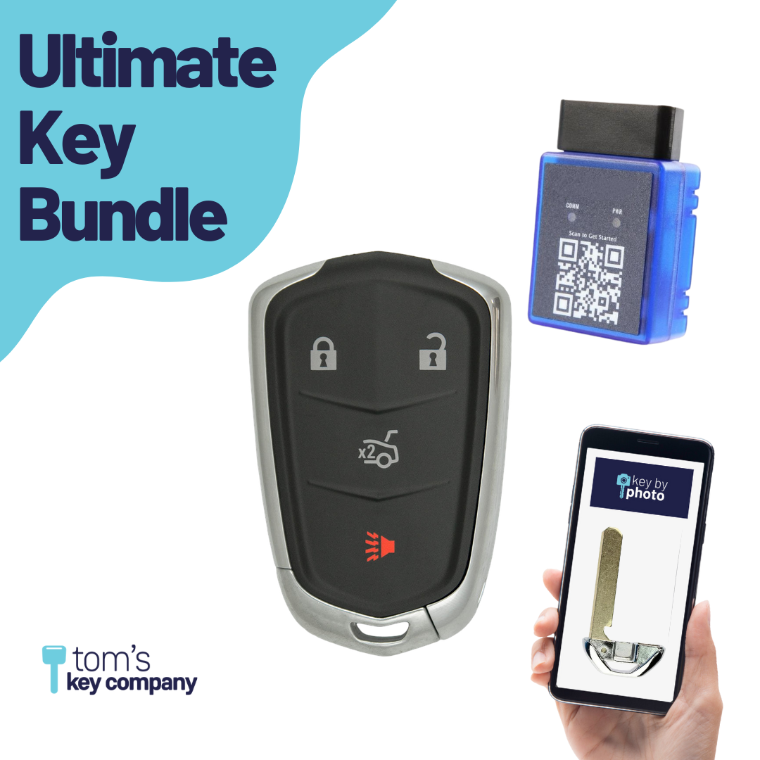 Ultimate Smart Key Bundle with Programming Tool, Refurbished 4-Button Smart Key Fob and Key By Photo for Select Cadillac Vehicles (CADSK-4B-172-K-UKB)