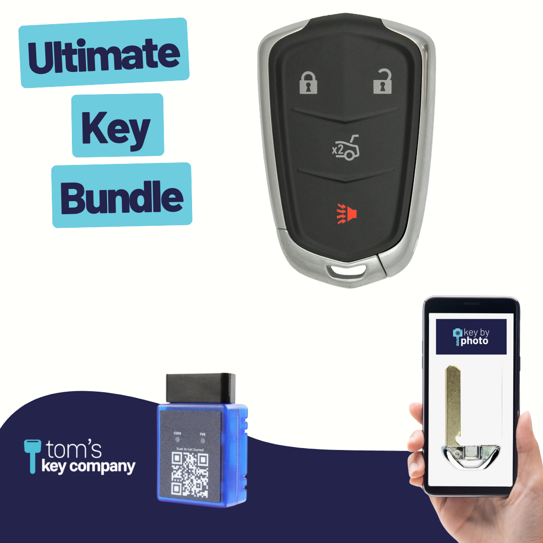 Ultimate Smart Key Bundle with Programming Tool, Refurbished 4-Button Smart Key Fob and Key By Photo for Select Cadillac Vehicles (CADSK-4B-172-K-UKB)
