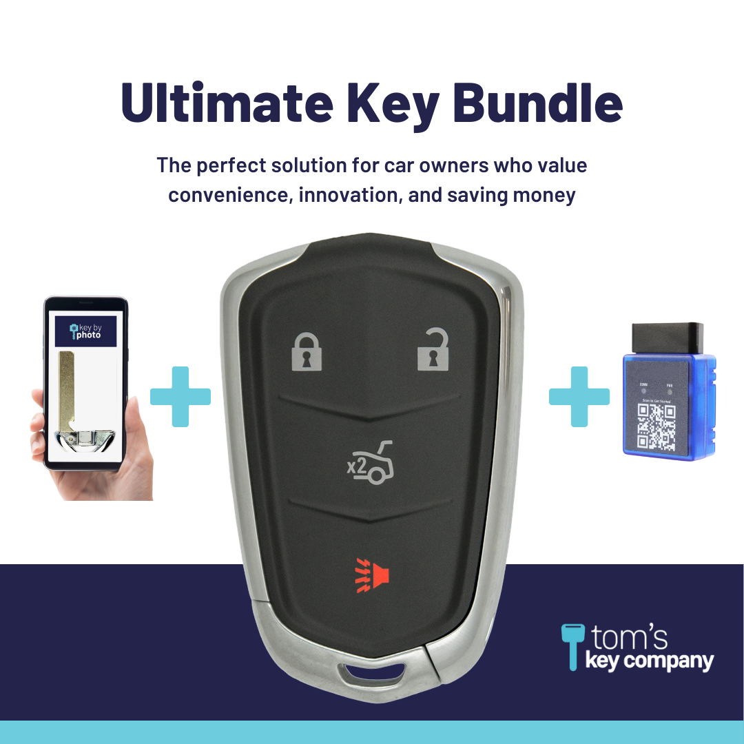 Ultimate Smart Key Bundle with Programming Tool, Refurbished 4-Button Smart Key Fob and Key By Photo for Select Cadillac Vehicles (CADSK-4B-172-K-UKB)