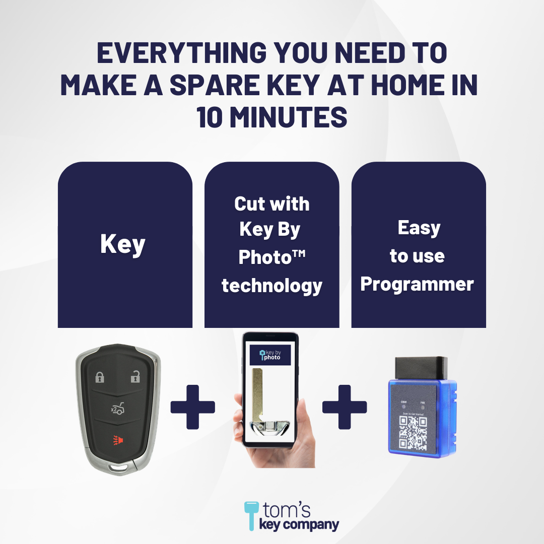 Ultimate Smart Key Bundle with Programming Tool, Refurbished 4-Button Smart Key Fob and Key By Photo for Select Cadillac Vehicles (CADSK-4B-172-K-UKB)