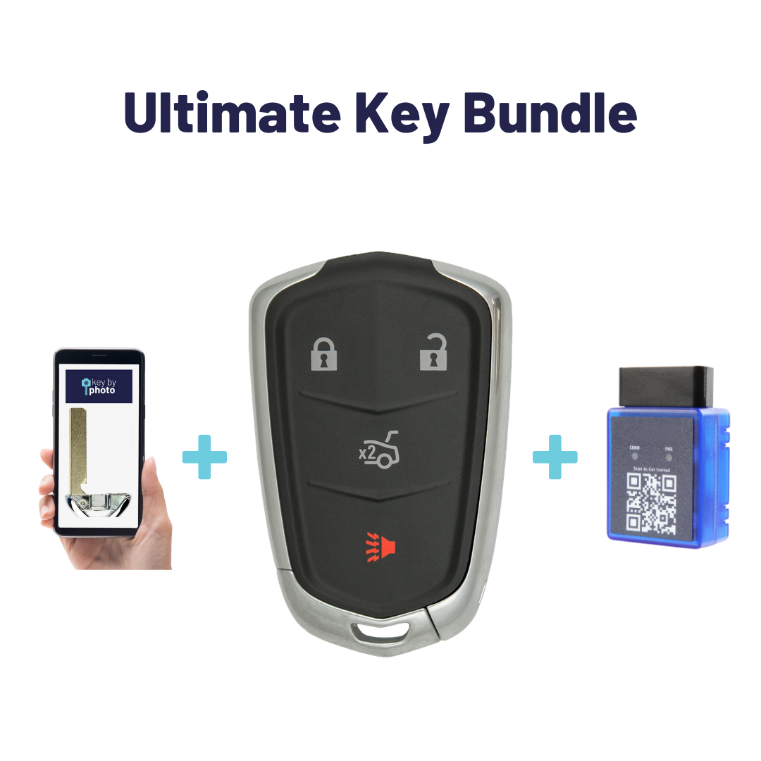 Ultimate Smart Key Bundle with Programming Tool, Refurbished 4-Button Smart Key Fob and Key By Photo for Select Cadillac Vehicles (CADSK-4B-172-K-UKB)