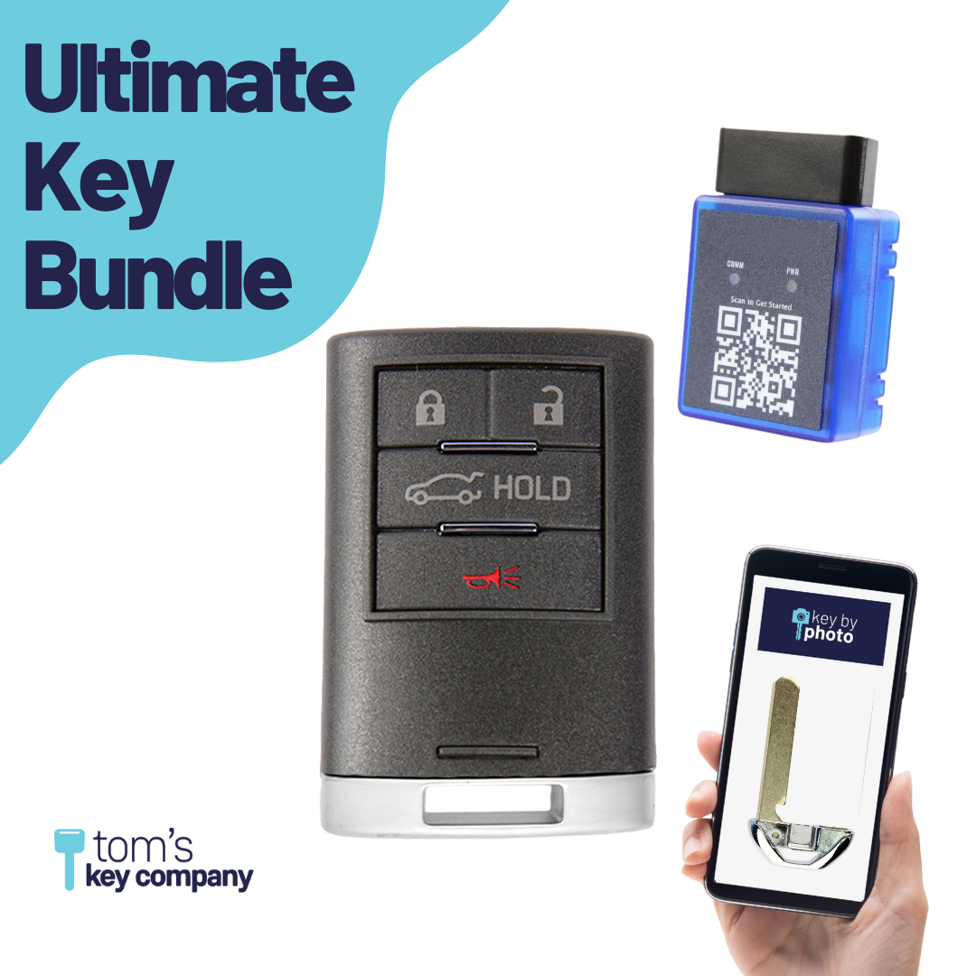 Ultimate Smart Key Bundle with Programming Tool, Aftermarket 4-Button Smart Key Fob and Key By Photo for Select Cadillac Vehicles (CADSK-4B-RSTR-116-K-UKB)