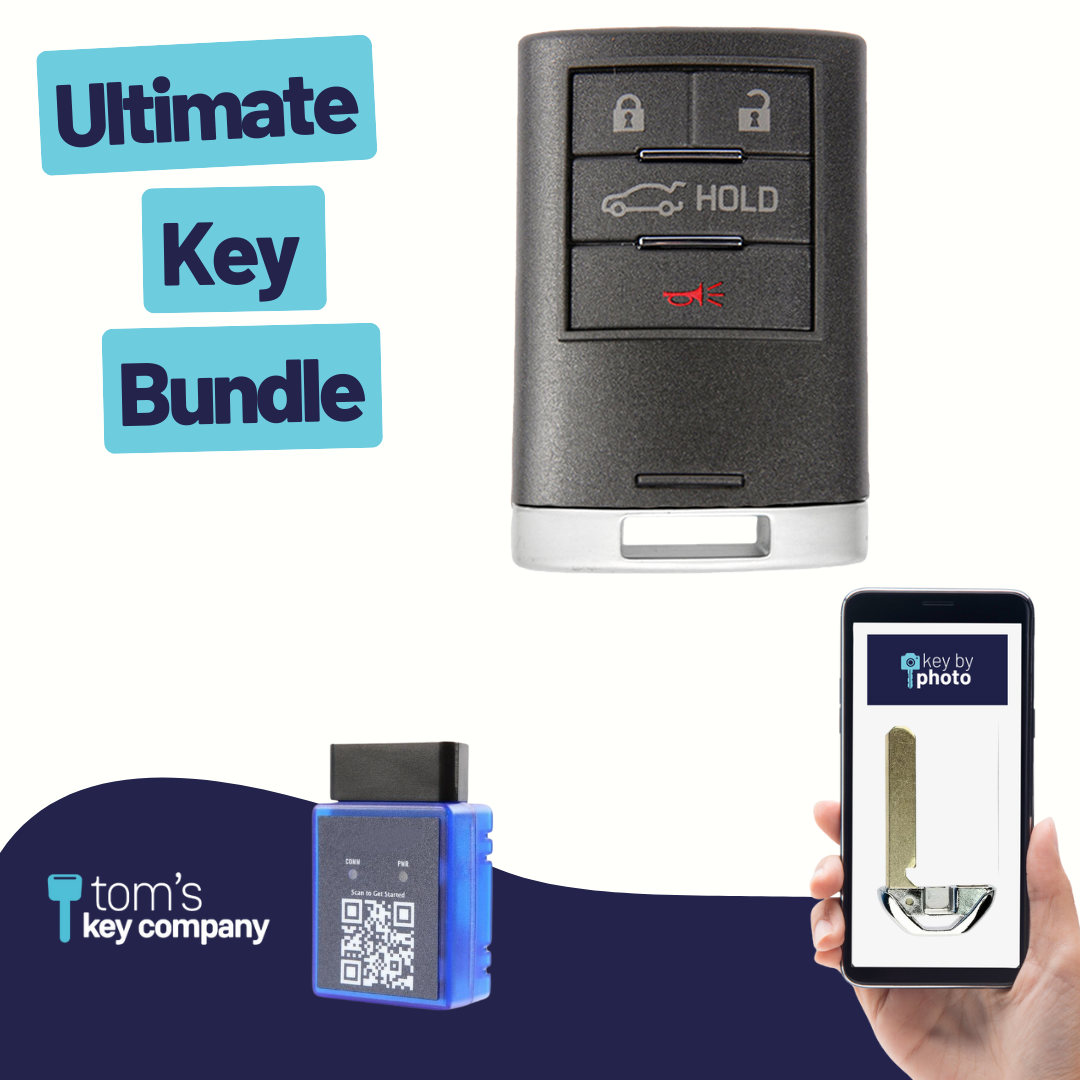 Ultimate Smart Key Bundle with Programming Tool, Refurbished 4-Button Smart Key Fob and Key By Photo for Select Cadillac Vehicles (CADSK-4B-RSTR-116-K-UKB)