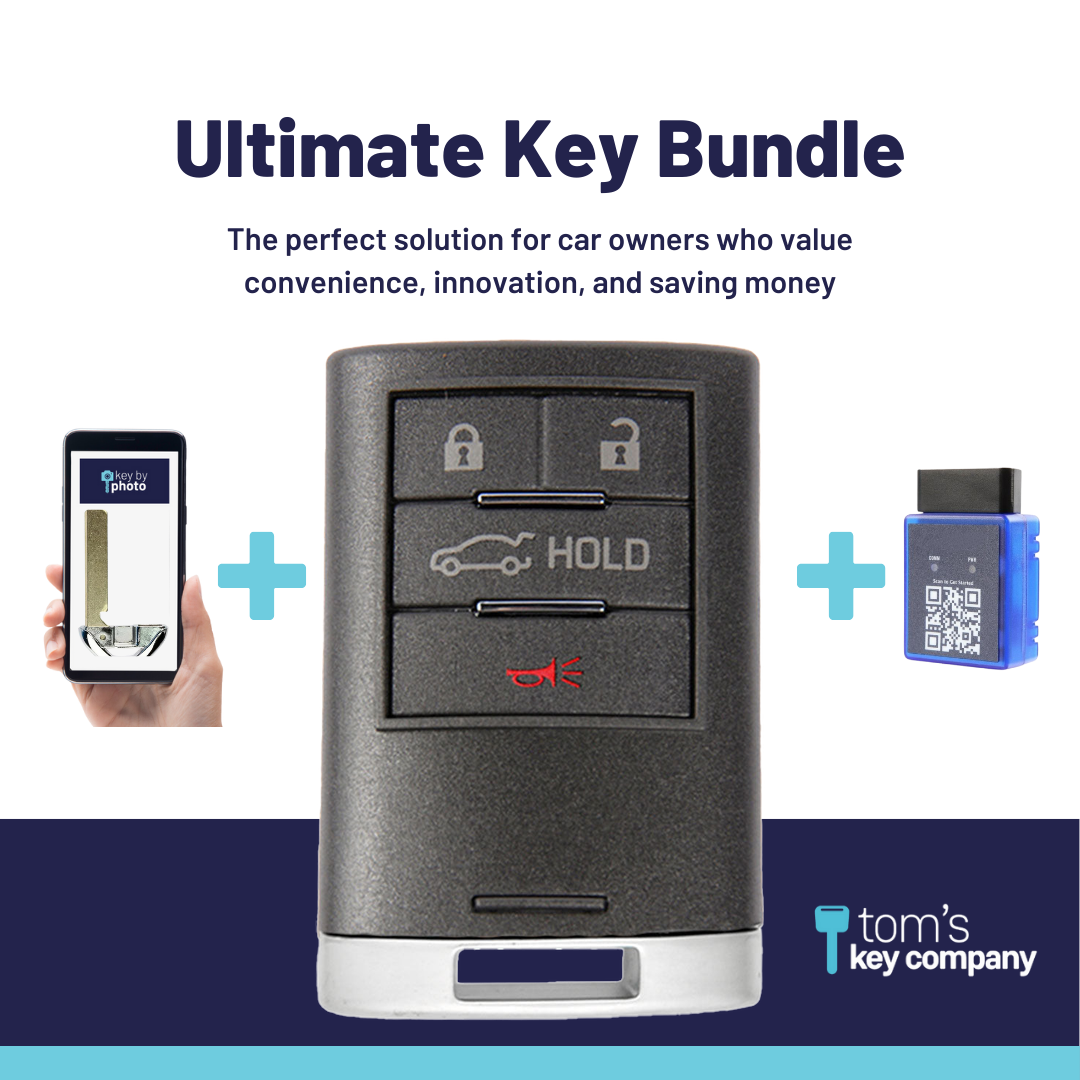 Ultimate Smart Key Bundle with Programming Tool, Aftermarket 4-Button Smart Key Fob and Key By Photo for Select Cadillac Vehicles (CADSK-4B-RSTR-116-K-UKB)