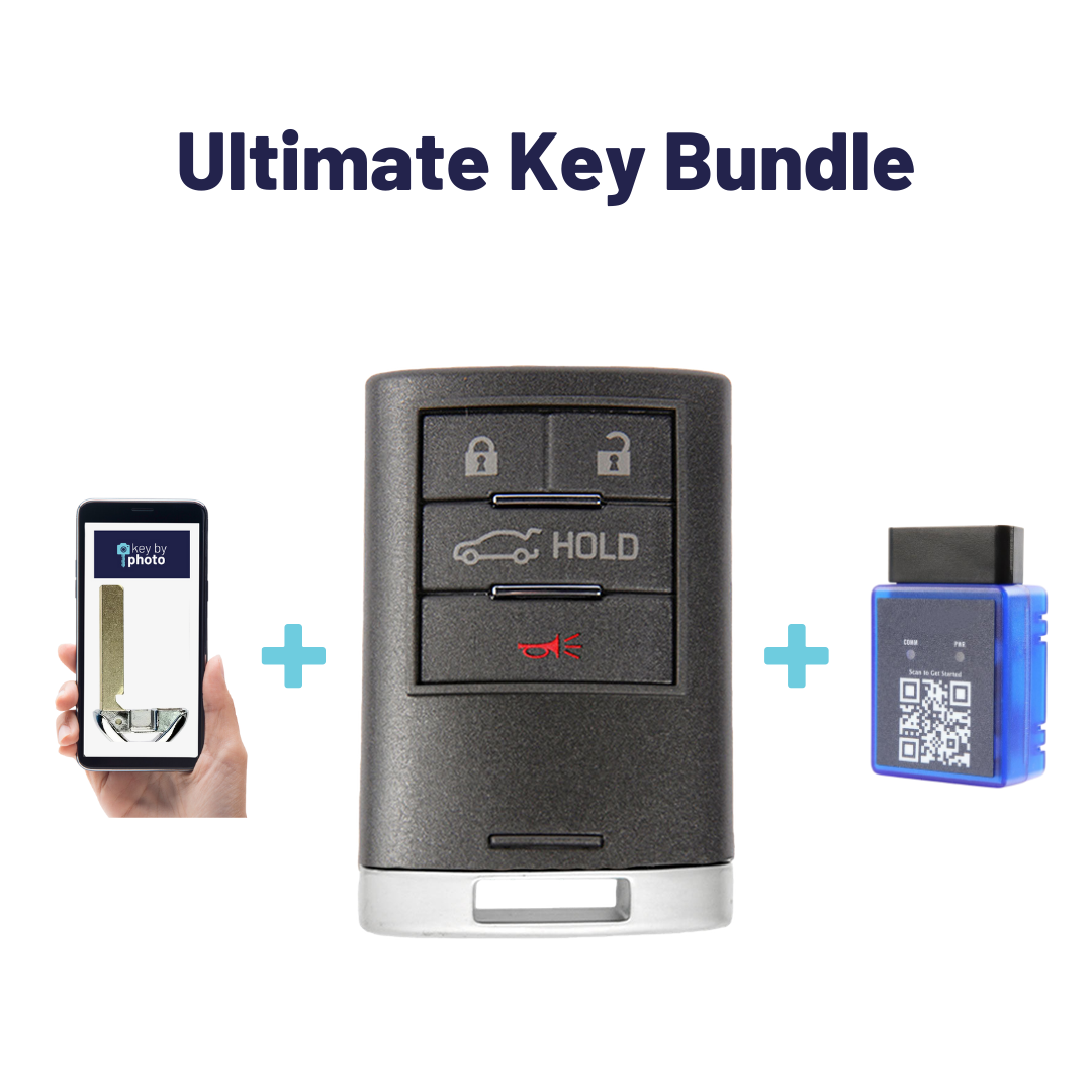 Ultimate Smart Key Bundle with Programming Tool, Refurbished 4-Button Smart Key Fob and Key By Photo for Select Cadillac Vehicles (CADSK-4B-RSTR-116-K-UKB)