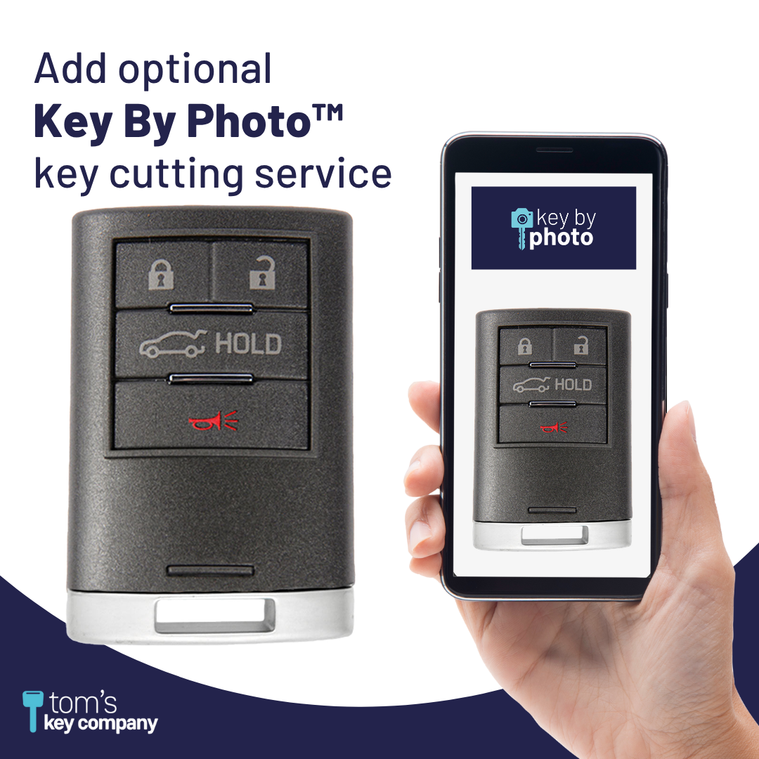 Brand New Aftermarket 4-Button Smart Key Fob with Lock, Unlock, Trunk Hold, Panic for Select Cadillac Vehicles (CADSK-4B-RSTR-116-K)