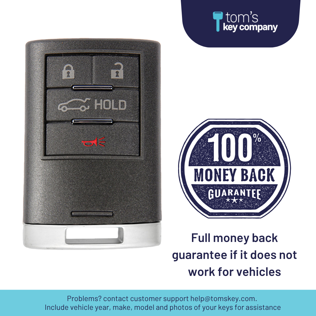 Brand New Aftermarket 4-Button Smart Key Fob with Lock, Unlock, Trunk Hold, Panic for Select Cadillac Vehicles (CADSK-4B-RSTR-116-K)