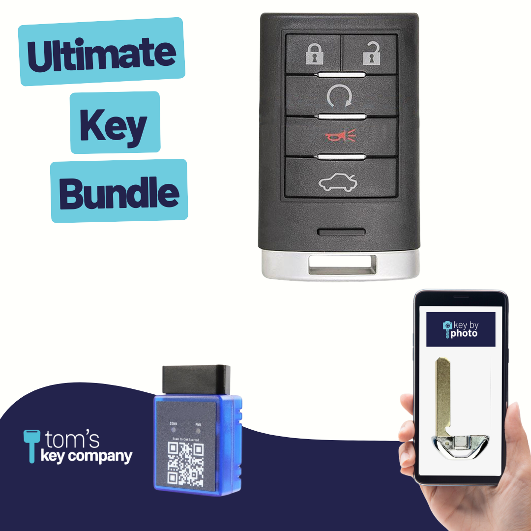 Ultimate Smart Key Bundle with Programming Tool, Refurbished 5-Button Smart Key Fob and Key By Photo for Select Cadillac Vehicles (CADSK-5B-145-K-UKB)