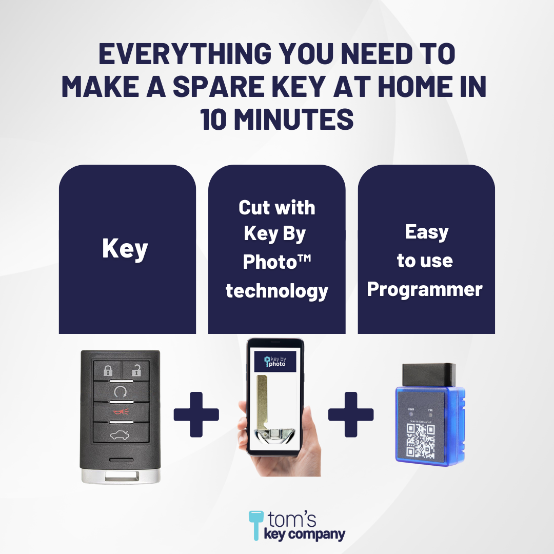 Ultimate Smart Key Bundle with Programming Tool, Aftermarket 5-Button Smart Key Fob and Key By Photo for Select Cadillac Vehicles (CADSK-5B-145-K-UKB)