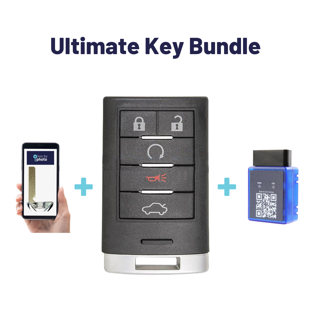 Ultimate Smart Key Bundle with Programming Tool, Aftermarket 5-Button Smart Key Fob and Key By Photo for Select Cadillac Vehicles (CADSK-5B-145-K-UKB)
