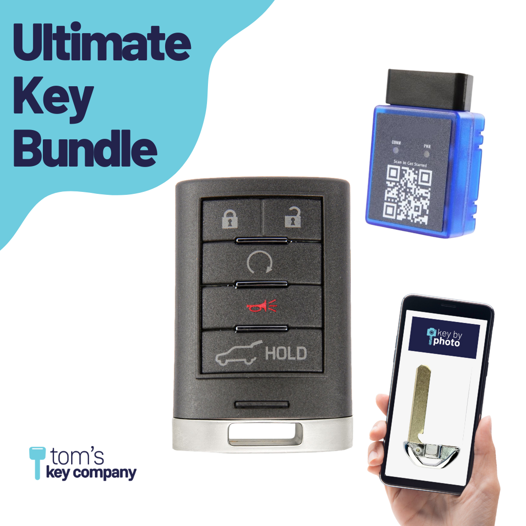 Ultimate Smart Key Bundle with Programming Tool, Refurbished 5-Button Smart Key Fob and Key By Photo for Select Cadillac Vehicles (CADSK-5B-149-K-UKB)