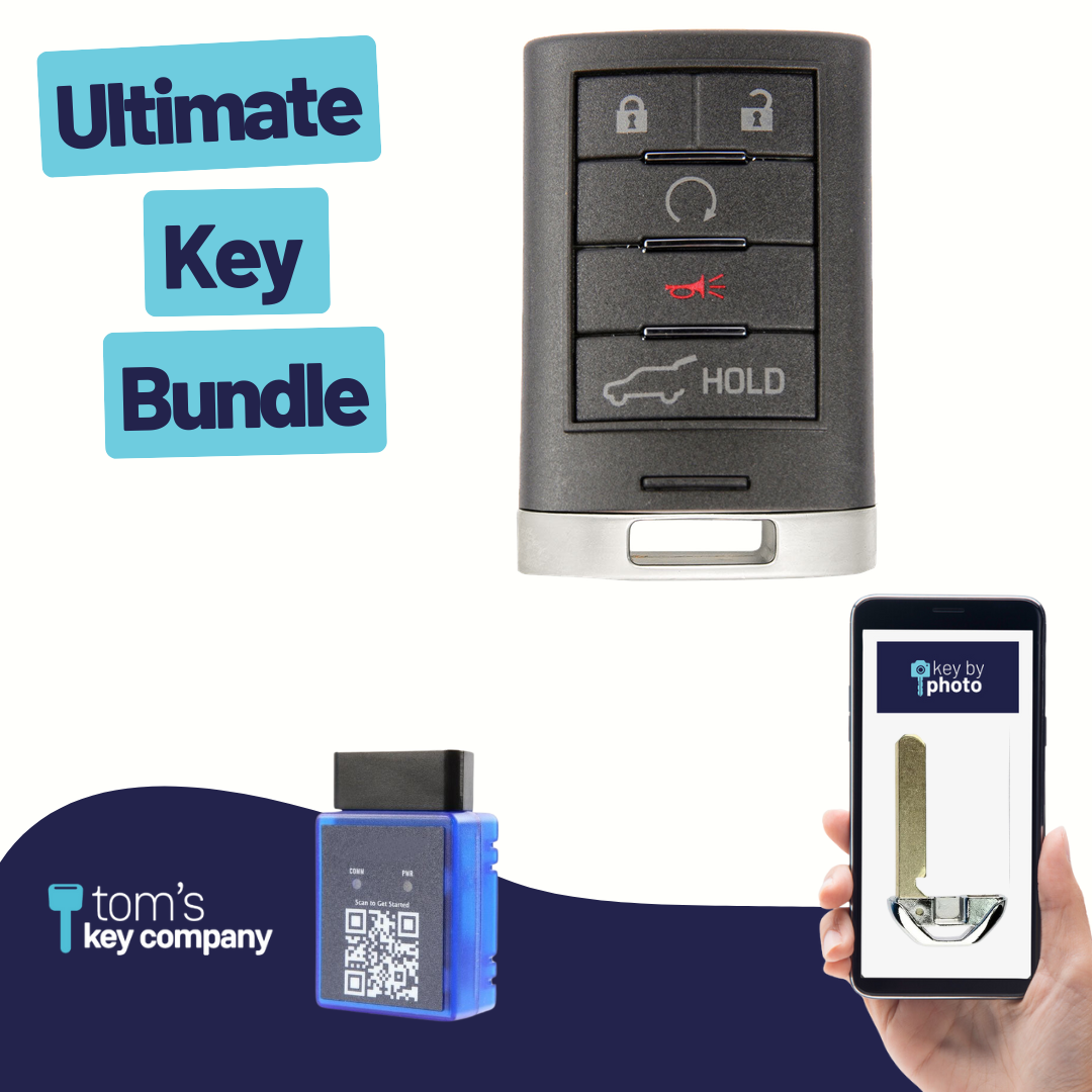 Ultimate Smart Key Bundle with Programming Tool, Refurbished 5-Button Smart Key Fob and Key By Photo for Select Cadillac Vehicles (CADSK-5B-149-K-UKB)