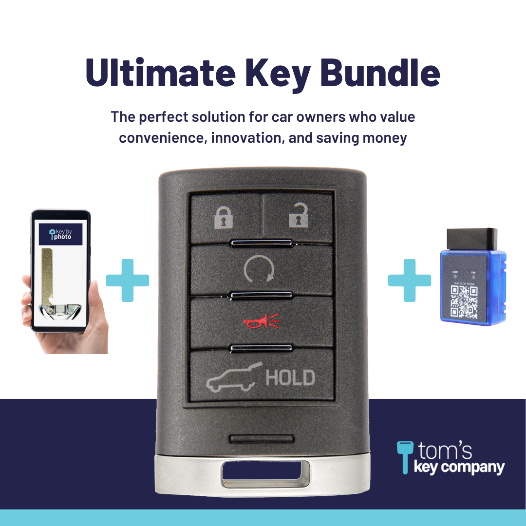Ultimate Smart Key Bundle with Programming Tool, Refurbished 5-Button Smart Key Fob and Key By Photo for Select Cadillac Vehicles (CADSK-5B-149-K-UKB)