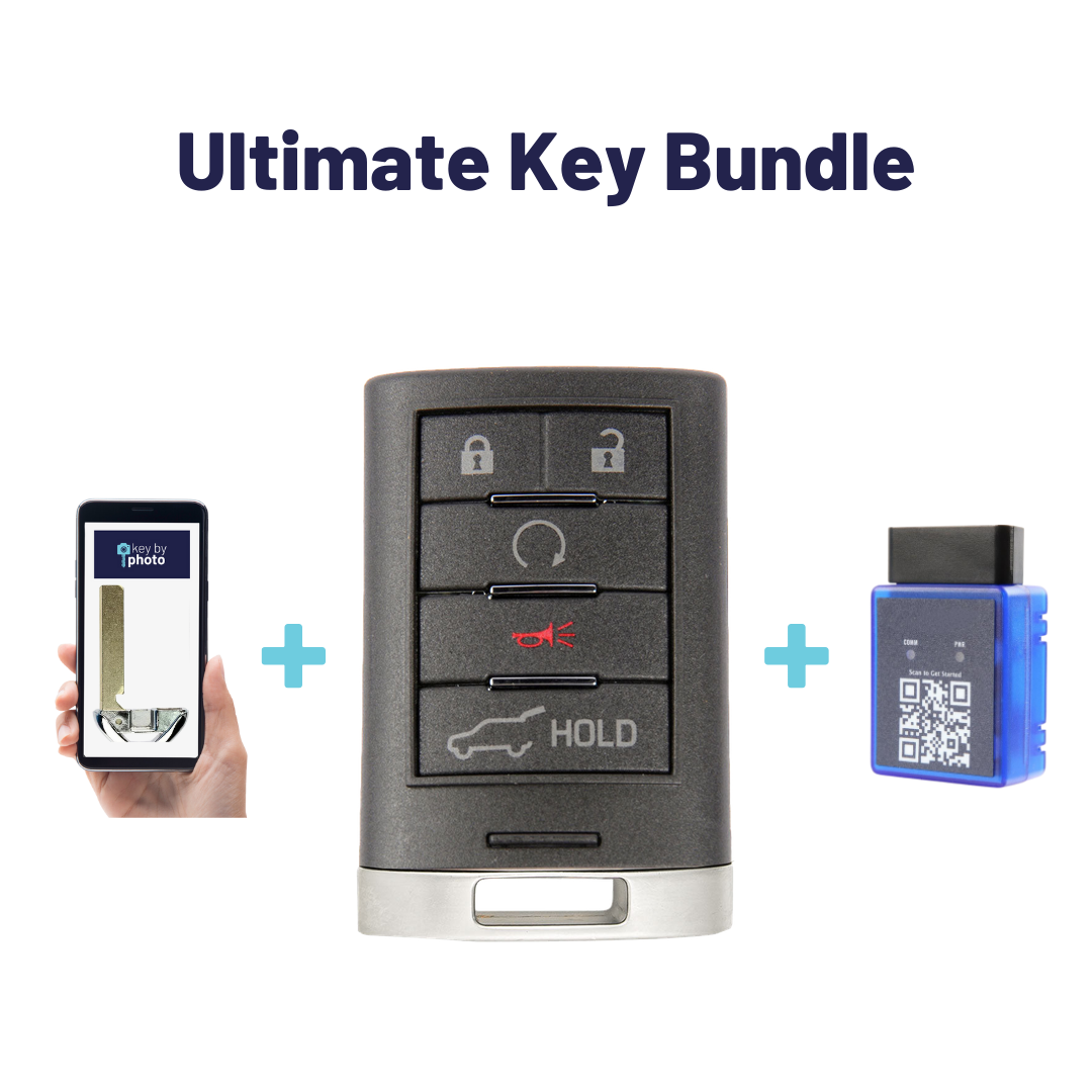 Ultimate Smart Key Bundle with Programming Tool, Refurbished 5-Button Smart Key Fob and Key By Photo for Select Cadillac Vehicles (CADSK-5B-149-K-UKB)