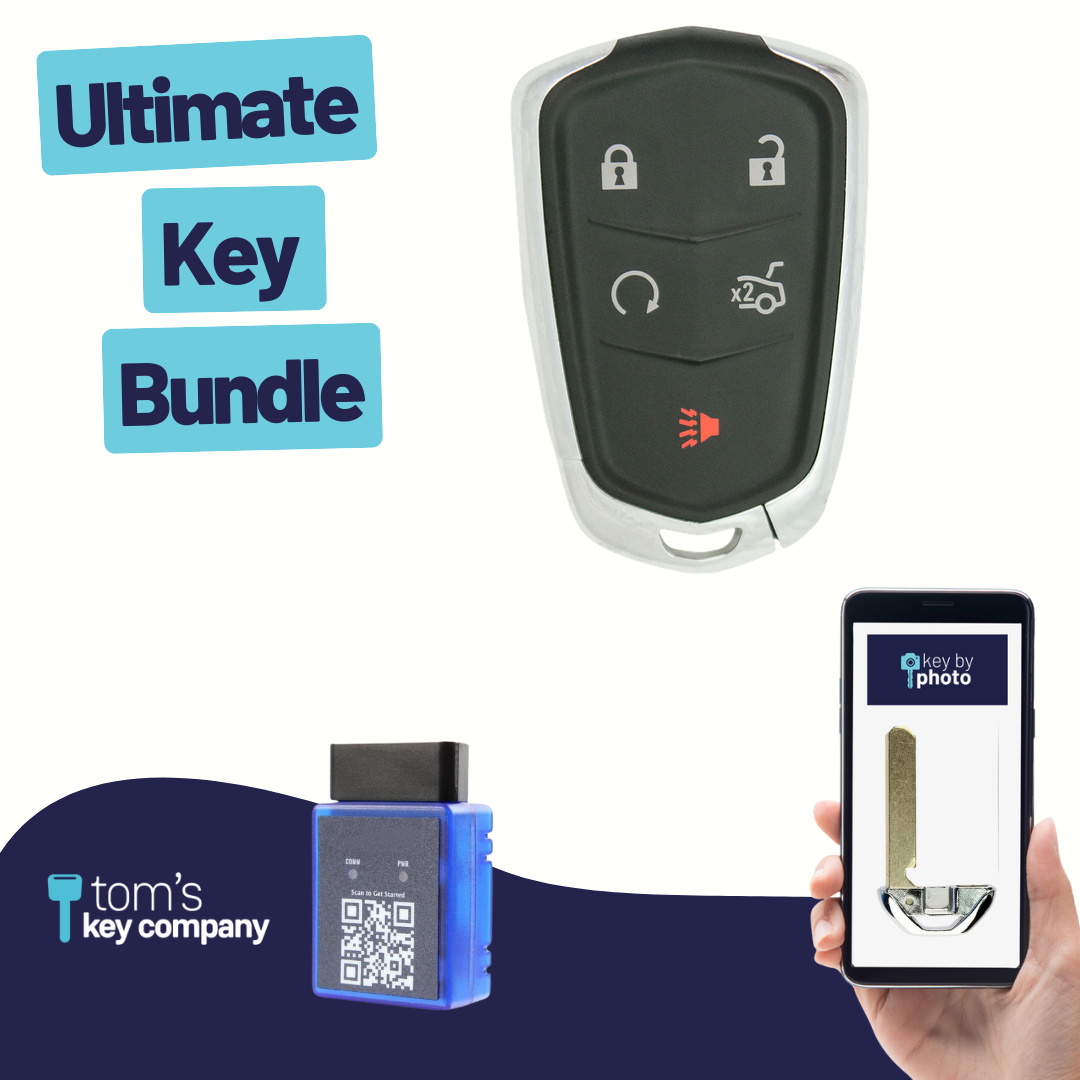 Ultimate Smart Key Bundle with Programming Tool, Refurbished 5-Button Smart Key Fob and Key By Photo for Select Cadillac Vehicles (CADSK-5B-173-K-UKB)