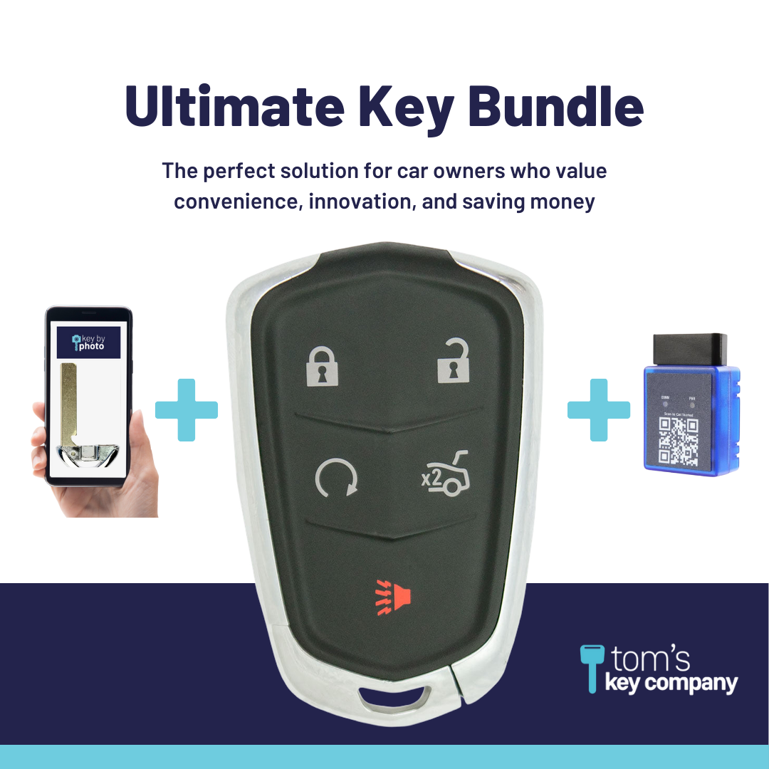Ultimate Smart Key Bundle with Programming Tool, Aftermarket 5-Button Smart Key Fob and Key By Photo for Select Cadillac Vehicles (CADSK-5B-173-K-UKB)