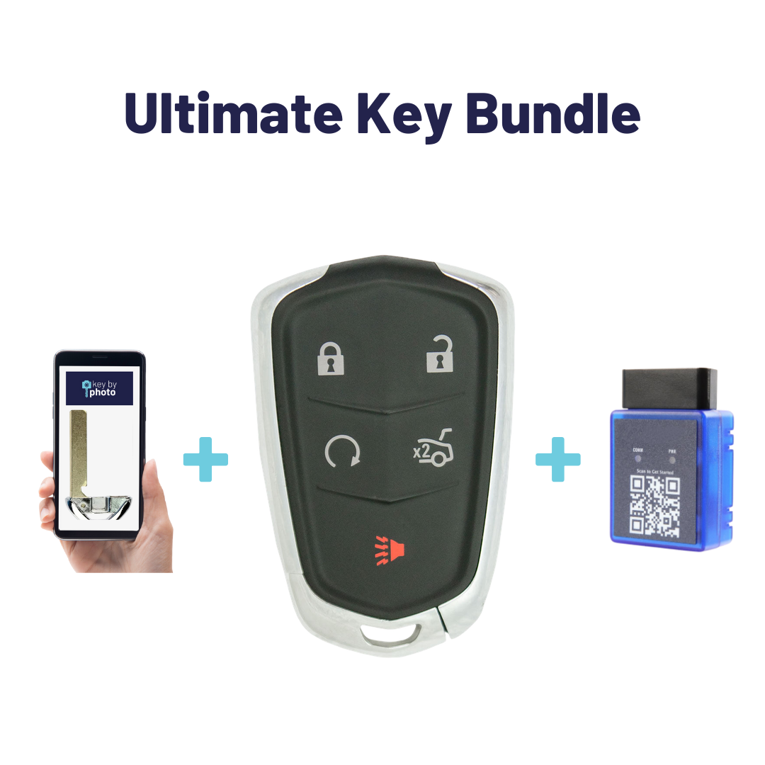 Ultimate Smart Key Bundle with Programming Tool, Aftermarket 5-Button Smart Key Fob and Key By Photo for Select Cadillac Vehicles (CADSK-5B-173-K-UKB)
