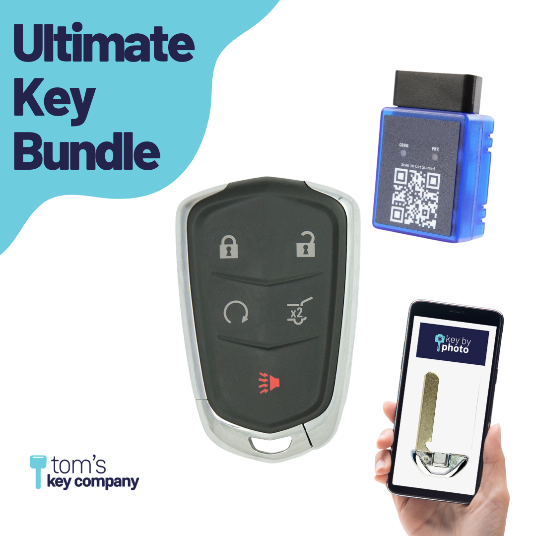 Ultimate Smart Key Bundle with Programming Tool, Aftermarket 5-Button Smart Key Fob and Key By Photo for Select Cadillac Vehicles (CADSK-5B-174-K-UKB)