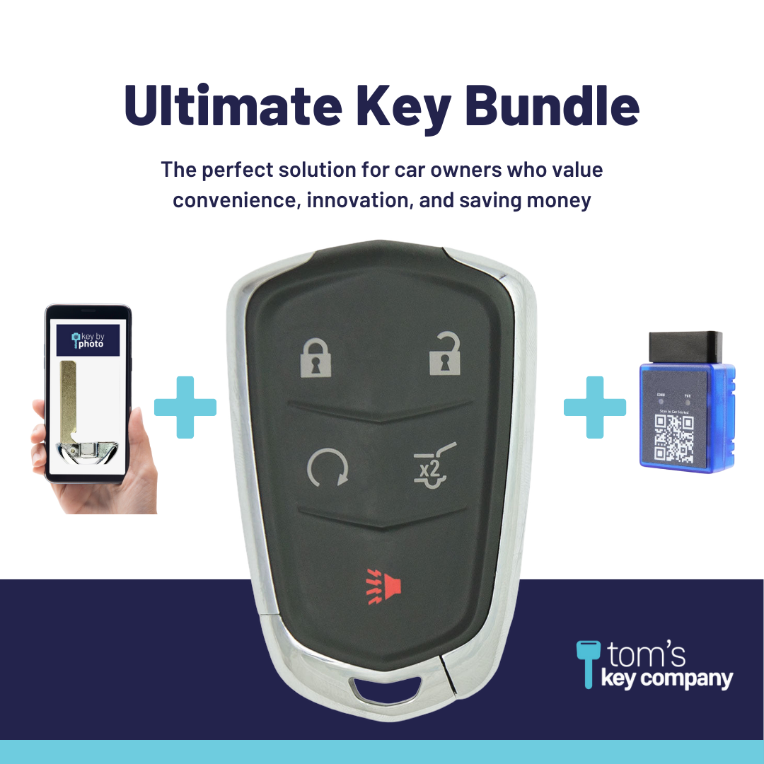 Ultimate Smart Key Bundle with Programming Tool, Aftermarket 5-Button Smart Key Fob and Key By Photo for Select Cadillac Vehicles (CADSK-5B-174-K-UKB)