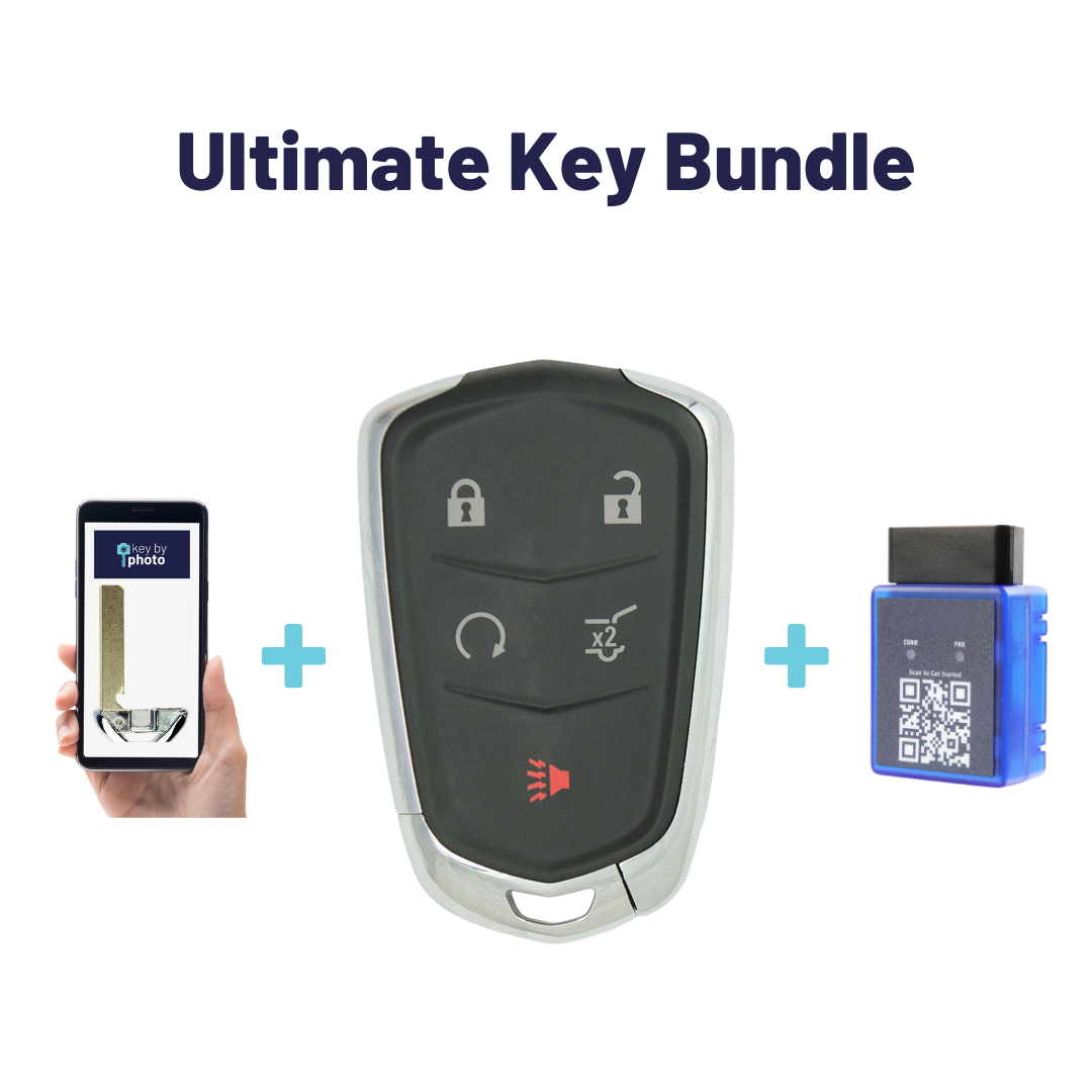 Ultimate Smart Key Bundle with Programming Tool, Aftermarket 5-Button Smart Key Fob and Key By Photo for Select Cadillac Vehicles (CADSK-5B-174-K-UKB)