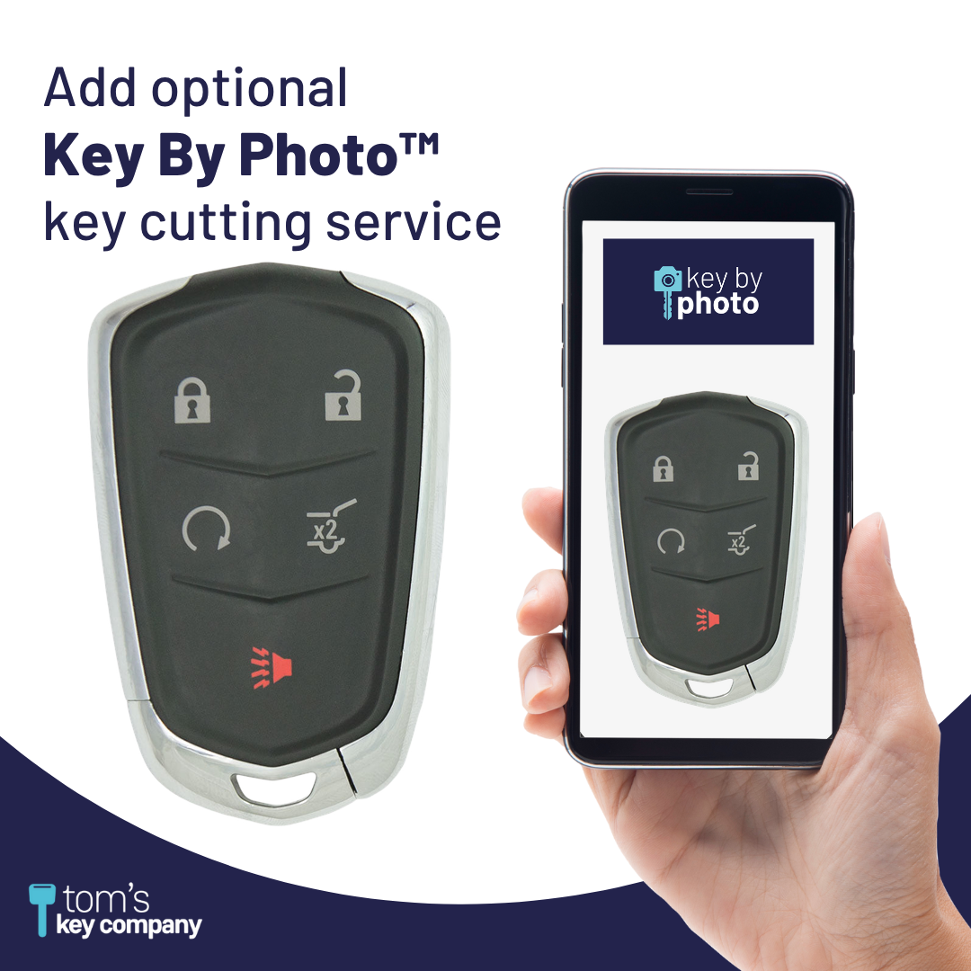 Brand New Aftermarket 5-Button Smart Key Fob with Lock, Unlock, Hatch, Remote Start, Panic for Select Cadillac Vehicles (CADSK-5B-174-K)