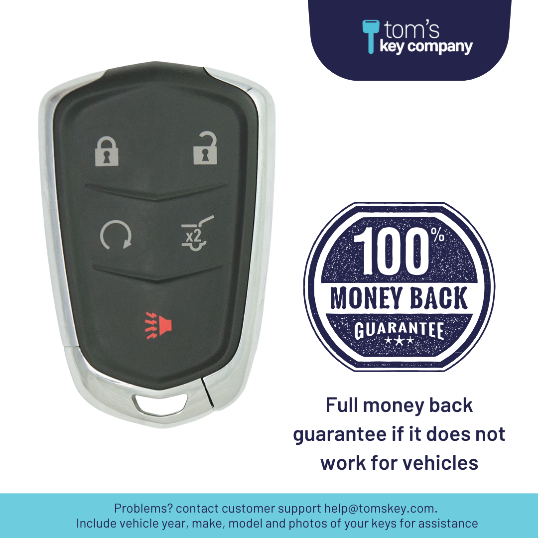 Brand New Aftermarket 5-Button Smart Key Fob with Lock, Unlock, Hatch, Remote Start, Panic for Select Cadillac Vehicles (CADSK-5B-174-K)