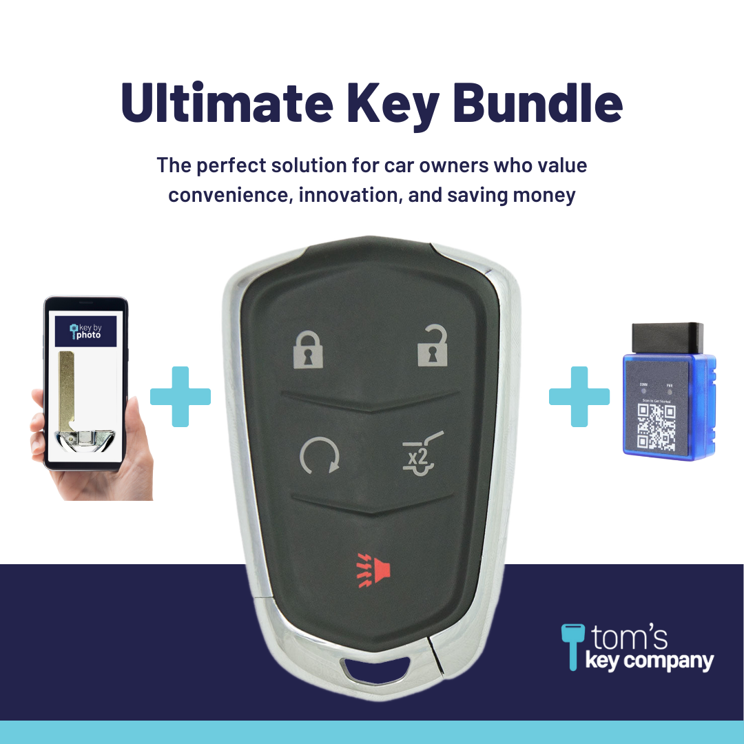 Ultimate Smart Key Bundle with Programming Tool, Refurbished 5-Button Smart Key Fob and Key By Photo for Select Cadillac Vehicles (CADSK-5B-HRRS-117-K-UKB)