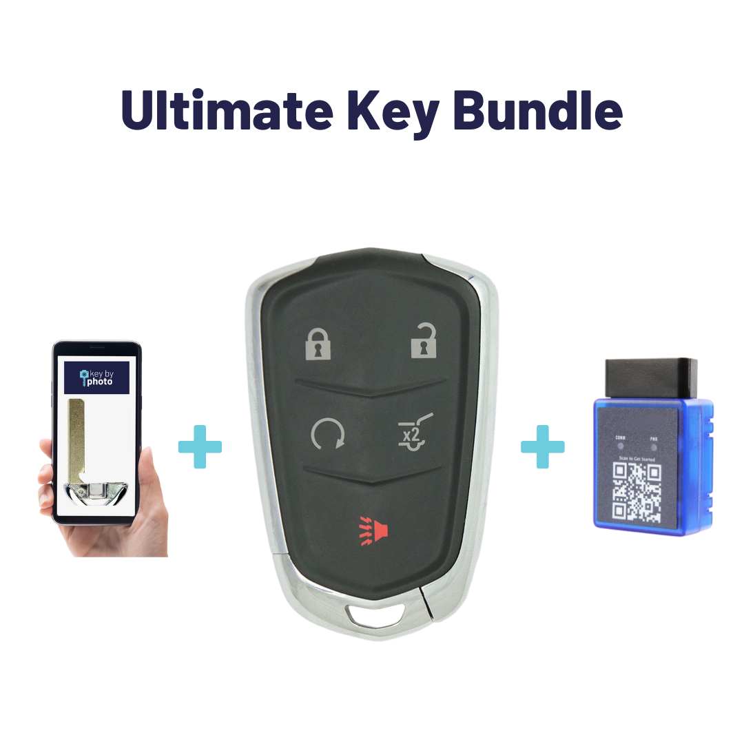 Ultimate Smart Key Bundle with Programming Tool, Refurbished 5-Button Smart Key Fob and Key By Photo for Select Cadillac Vehicles (CADSK-5B-HRRS-117-K-UKB)