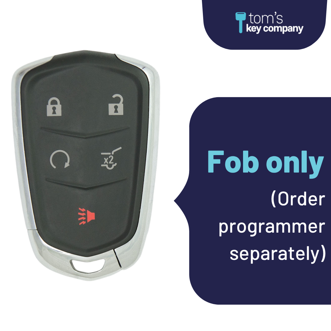Brand New Aftermarket 5-Button Smart Key Fob with Lock, Unlock, Hatch, Remote Start, Panic for Select Cadillac Vehicles (CADSK-5B-HRRS-117-K)