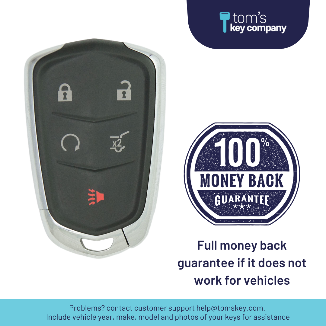 Brand New Aftermarket 5-Button Smart Key Fob with Lock, Unlock, Hatch, Remote Start, Panic for Select Cadillac Vehicles (CADSK-5B-HRRS-117-K)