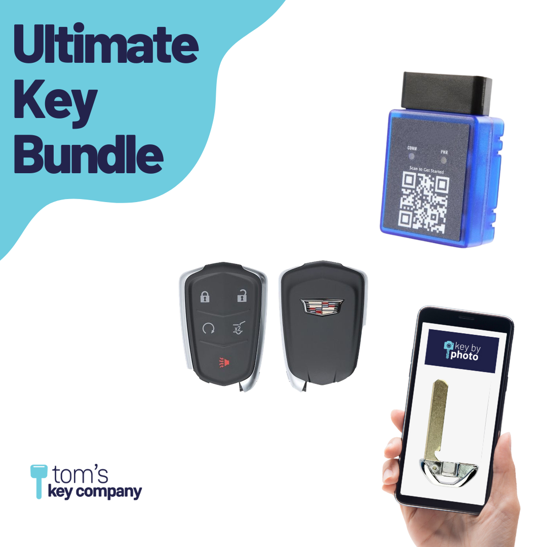 Ultimate Smart Key Bundle with Programming Tool, Refurbished 5-Button Smart Key Fob and Key By Photo for Select Cadillac Vehicles (CADSK-5B-HRRS-1185-REF-K-UKB)