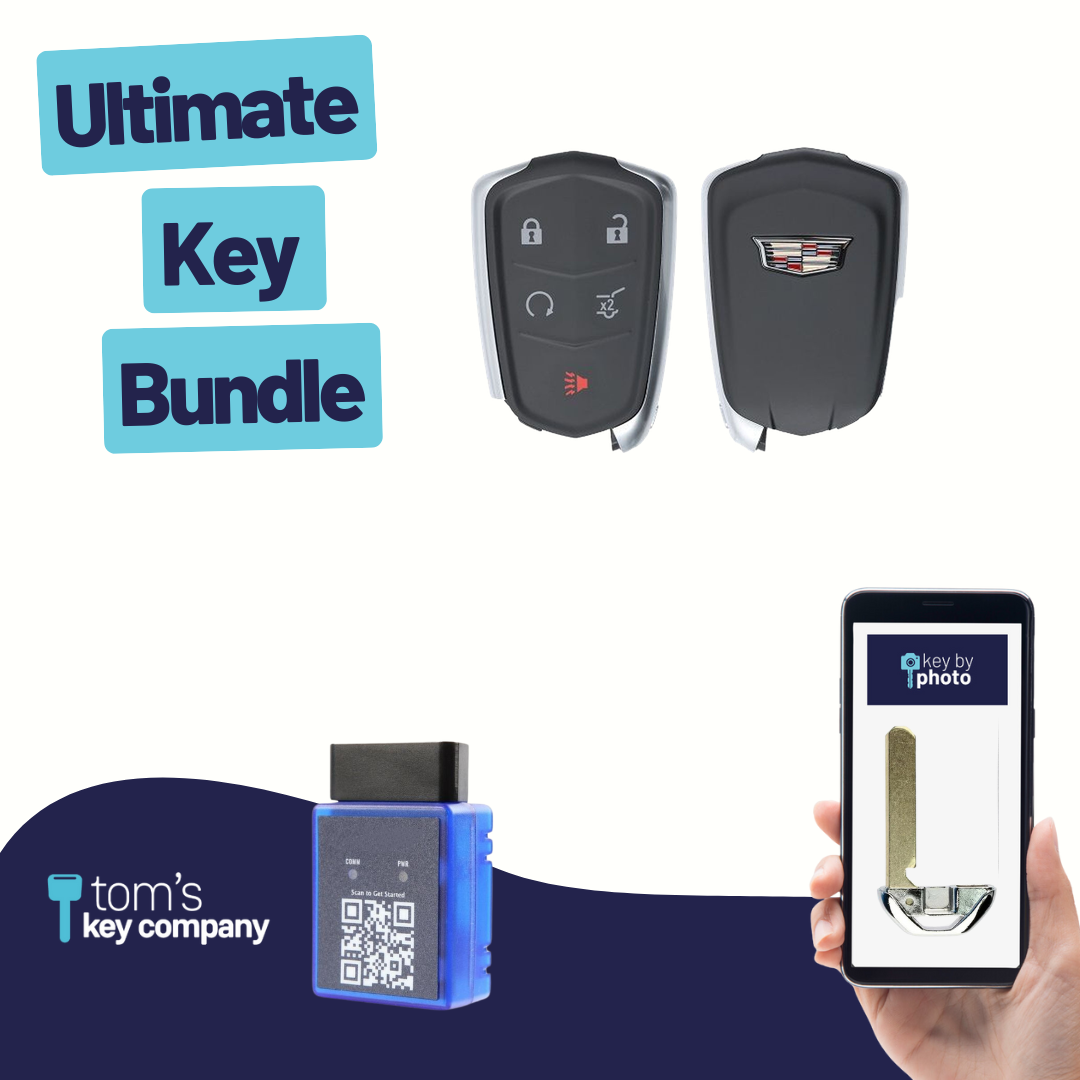 Ultimate Smart Key Bundle with Programming Tool, Refurbished 5-Button Smart Key Fob and Key By Photo for Select Cadillac Vehicles (CADSK-5B-HRRS-1185-REF-K-UKB)