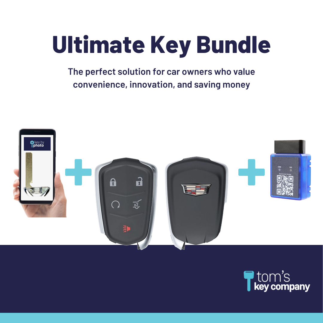 Ultimate Smart Key Bundle with Programming Tool, Refurbished 5-Button Smart Key Fob and Key By Photo for Select Cadillac Vehicles (CADSK-5B-HRRS-1185-REF-K-UKB)
