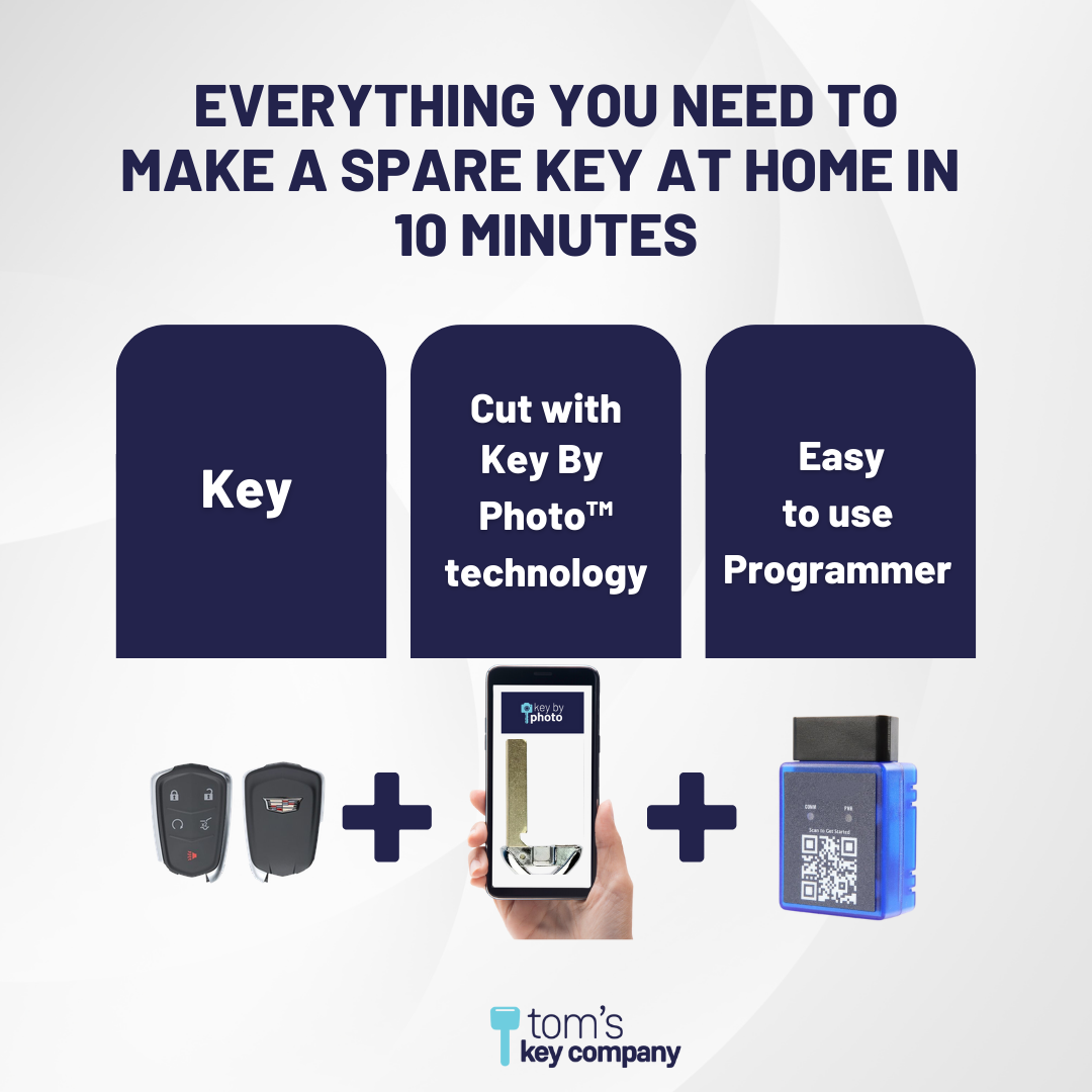 Ultimate Smart Key Bundle with Programming Tool, Refurbished 5-Button Smart Key Fob and Key By Photo for Select Cadillac Vehicles (CADSK-5B-HRRS-1185-REF-K-UKB)