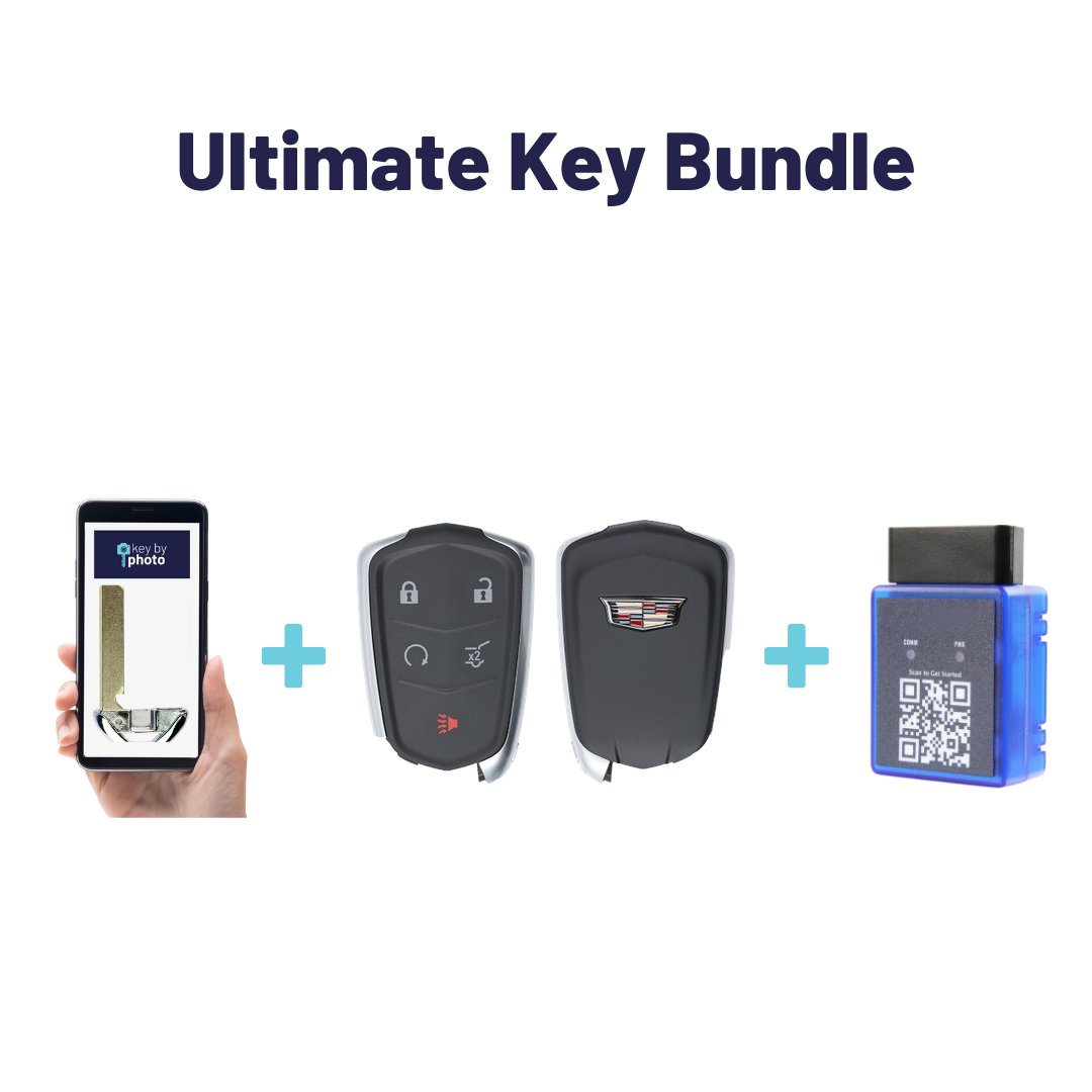 Ultimate Smart Key Bundle with Programming Tool, Refurbished 5-Button Smart Key Fob and Key By Photo for Select Cadillac Vehicles (CADSK-5B-HRRS-1185-REF-K-UKB)