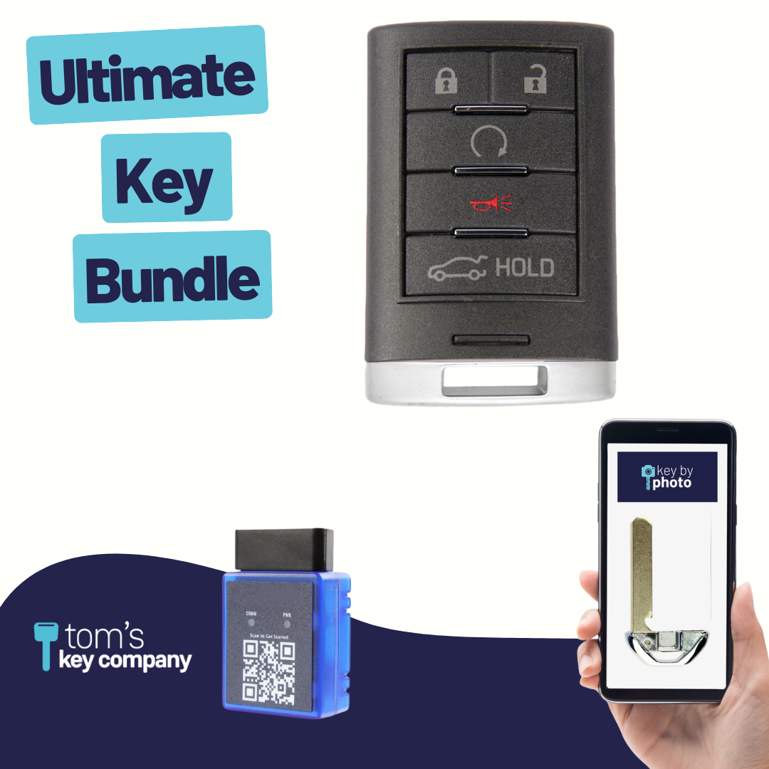 Ultimate Smart Key Bundle with Programming Tool, Refurbished 5-Button Smart Key Fob and Key By Photo for Select Cadillac Vehicles (CADSK-5B-RSTR-116-K-UKB)
