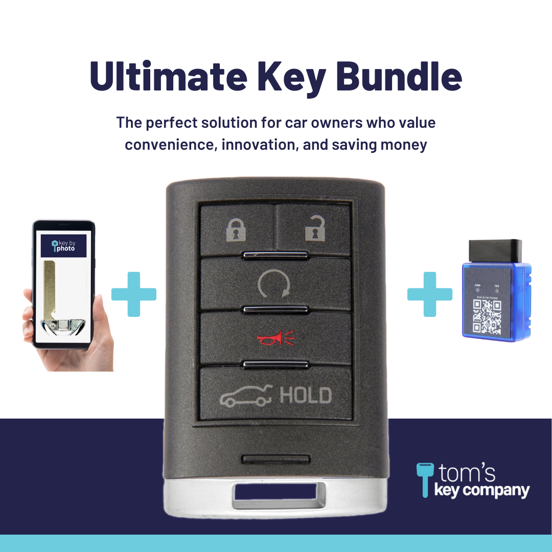 Ultimate Smart Key Bundle with Programming Tool, Refurbished 5-Button Smart Key Fob and Key By Photo for Select Cadillac Vehicles (CADSK-5B-RSTR-116-K-UKB)