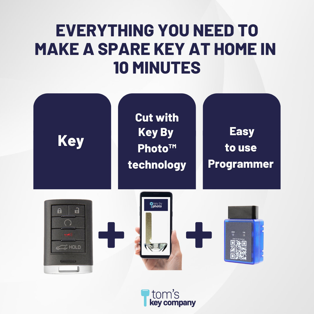 Ultimate Smart Key Bundle with Programming Tool, Refurbished 5-Button Smart Key Fob and Key By Photo for Select Cadillac Vehicles (CADSK-5B-RSTR-116-K-UKB)