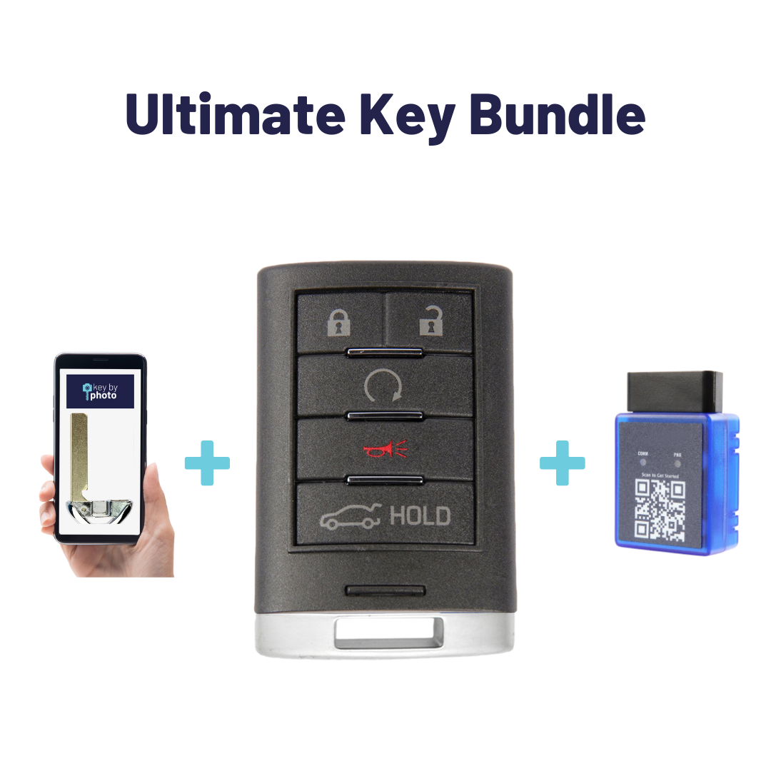 Ultimate Smart Key Bundle with Programming Tool, Aftermarket 5-Button Smart Key Fob and Key By Photo for Select Cadillac Vehicles (CADSK-5B-RSTR-116-K-UKB)
