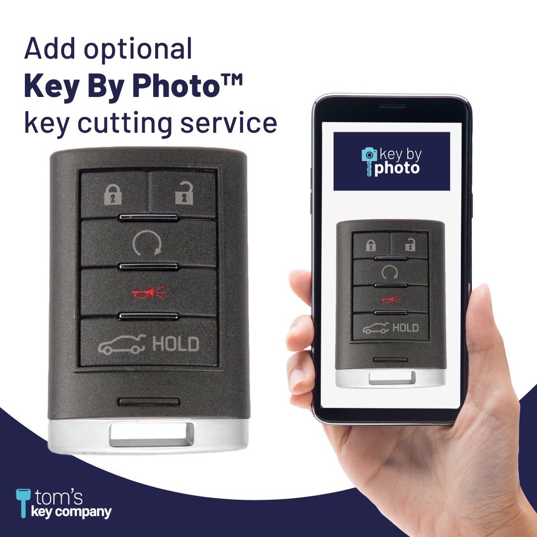 Brand New Aftermarket 5-Button Smart Key Fob with Lock, Unlock, Remote Start, Trunk Hold, Panic for Select Cadillac Vehicles (CADSK-5B-RSTR-116-K)